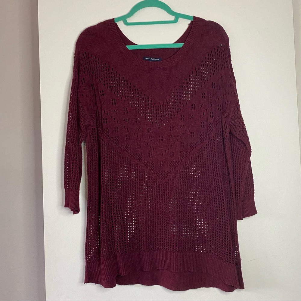 American Eagle Burgundy Crochet Knit Tunic Sweater